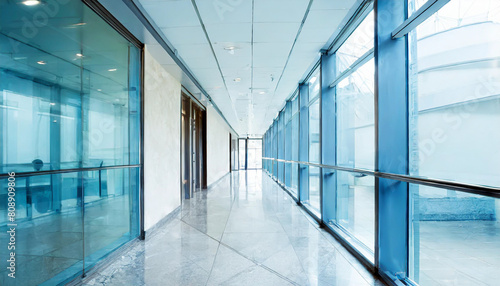 A modern office corridor with a modern meeting room and empty space on a white wall. office building