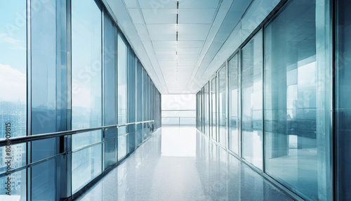 A modern office corridor with a modern meeting room and empty space on a white wall. office building