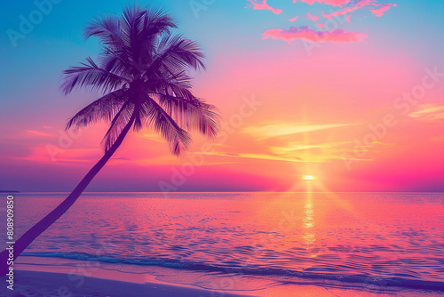 colorful gradient sunset with one palm tree extending above sunset with beach in the background