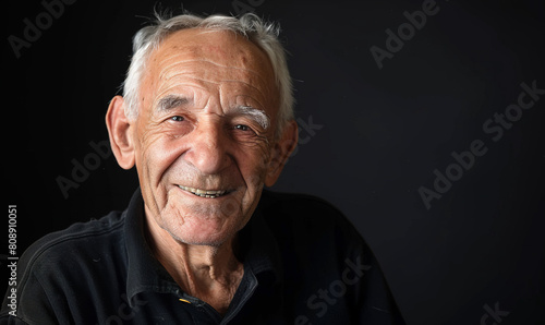 Elderly man smiling confidently against black background © Nate