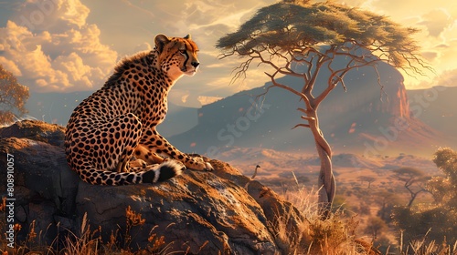 8K wallpaper of a graceful cheetah resting on a sunlit hilltop in the African savannah, with an acacia tree and distant mountains creating a picturesque background