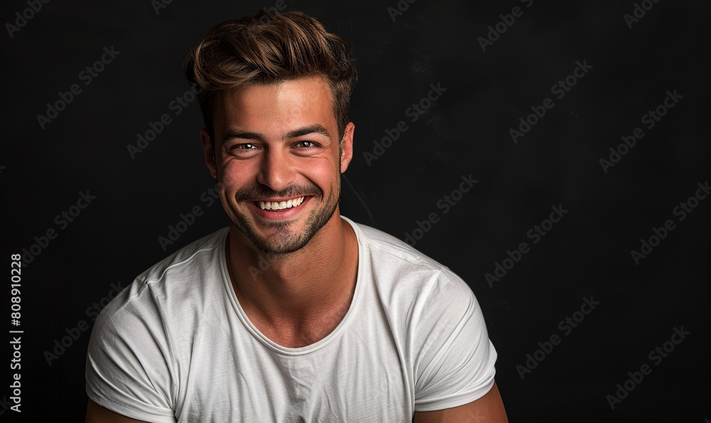 Handsome man with a beautiful smile wearing a white t-shirt on a black background Handsome man with a beautiful smile wearing a white t-shirt on a black background