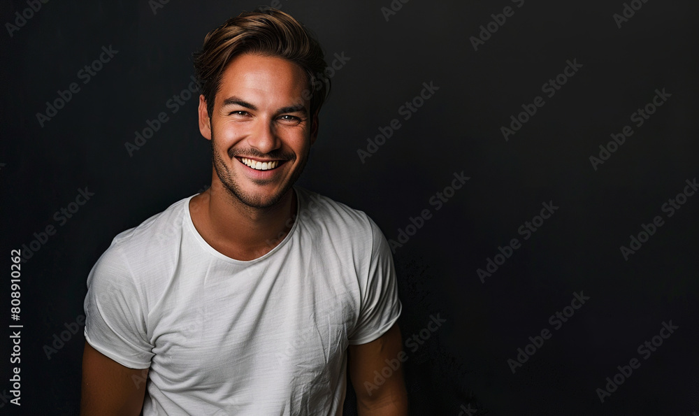 Handsome man with a beautiful smile wearing a white t-shirt on a black background Handsome man with a beautiful smile wearing a white t-shirt on a black background