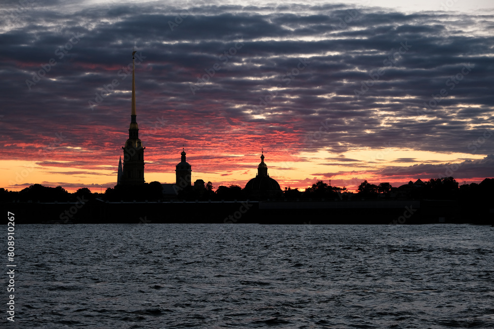 The silhouette of the Peter and Paul Fortress in St. Petersburg in Russia.