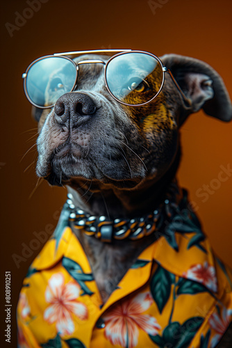 Colorful Image of A Dog Profile Wearing Sunglasses and A Vibrant T-shirt Against A Solid-Colored Background © MerveK