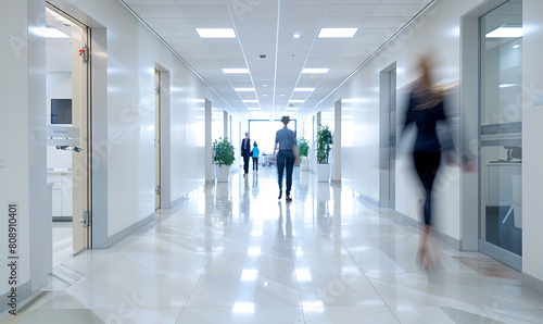 Interior of office and employees in company corridor, motion blur effect
