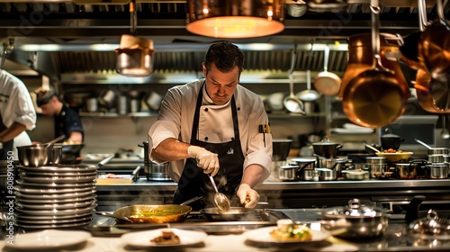 A chef is hard at work in a commercial kitchen. He is surrounded by stainless steel appliances and copper pots and pans.