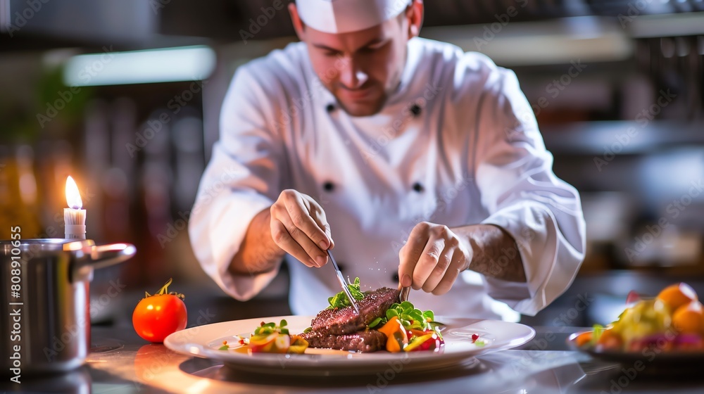 A chef carefully prepares a delicious steak in a professional kitchen. A chef carefully prepares a delicious steak in a professional kitchen.