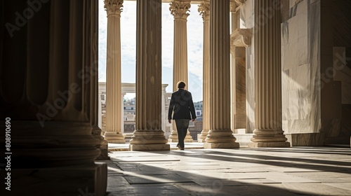 Greek philosopher exploring ruins with Corinthian columns