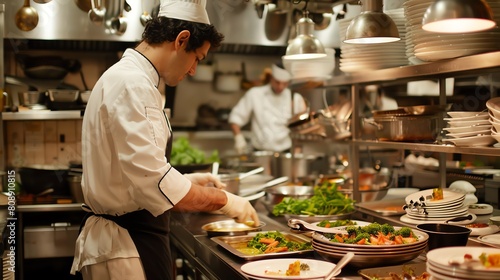 ðŸ§‘â€ðŸ³ðŸ‘¨â€ðŸ³Two chefs are busy preparing food in a commercial kitchen. They are both wearing white chef coats and black pants. photo