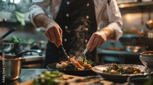 A chef is plating a dish in a restaurant kitchen. The chef is wearing a white chef's coat and black pants.