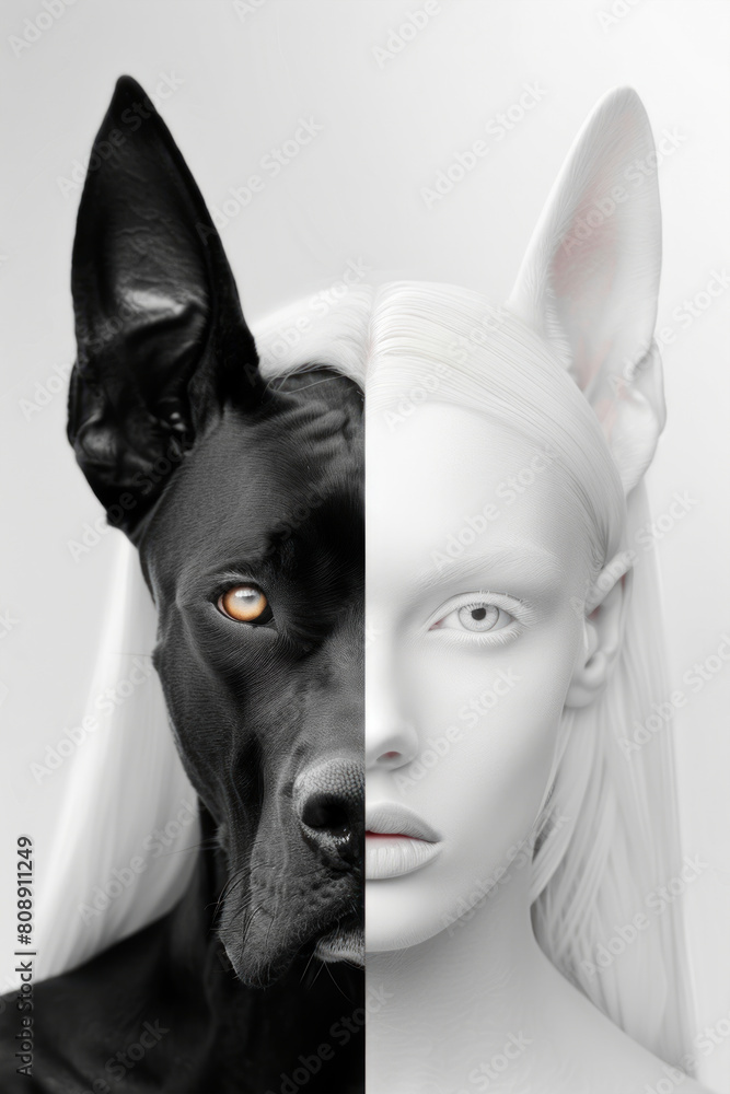 Obraz premium Fashion juxtaposition of an albino girl and a black Great Dane