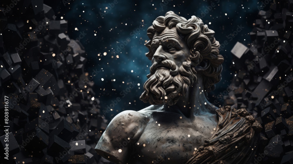 Hellenistic philosopher investigating interconnection through atom portrayals and cosmic movements
