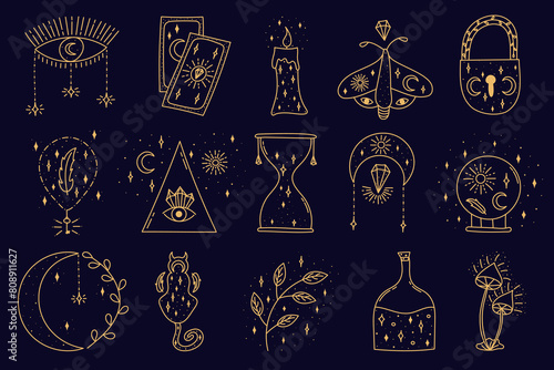 A set of clipart in boho style on the theme of mysticism and esotericism. Doodle, line art flat illustration photo