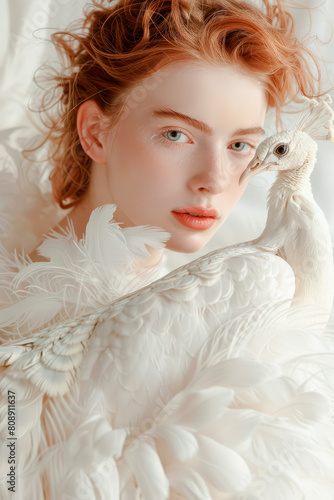 Charismatic albino girl with unique white skin and red hair with a white peacock