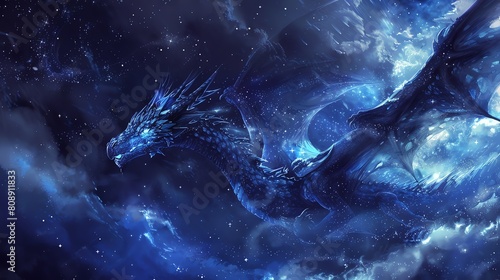 Majestic blue dragon with white glowing stars flies in the night sky. The dragon's wings are outstretched and its tail is long and sinuous.