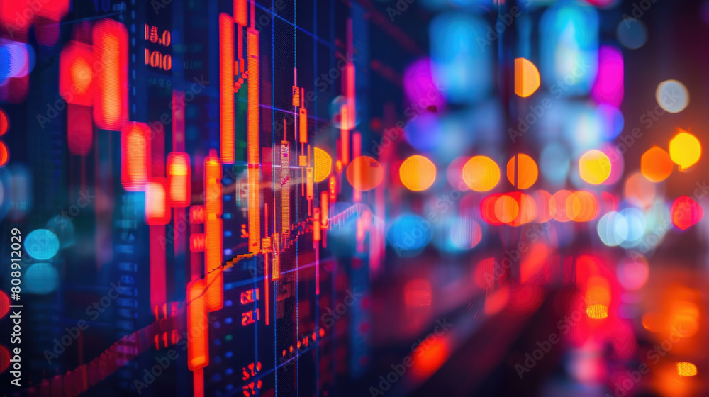 Stock market charts glowing on blurred background. Financial graph diagram for stock market analysis, investment, and trading. Economic growth concept for business, finance, crypto currency Stock market charts glowing on blurred background. Financial graph diagram for stock market analysis, investment, and trading. Economic growth concept for business, finance, crypto currency
