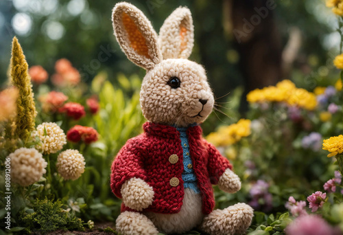 Kid soft rabbit toy wearing a red knitted sweater in flowering garden