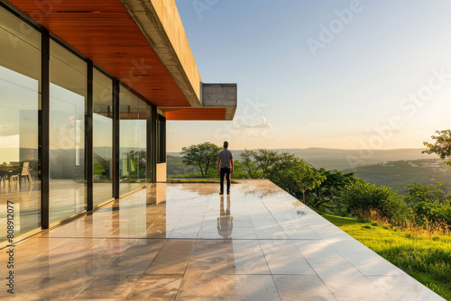 Man enjoys sunset view from luxurious modern architecture
