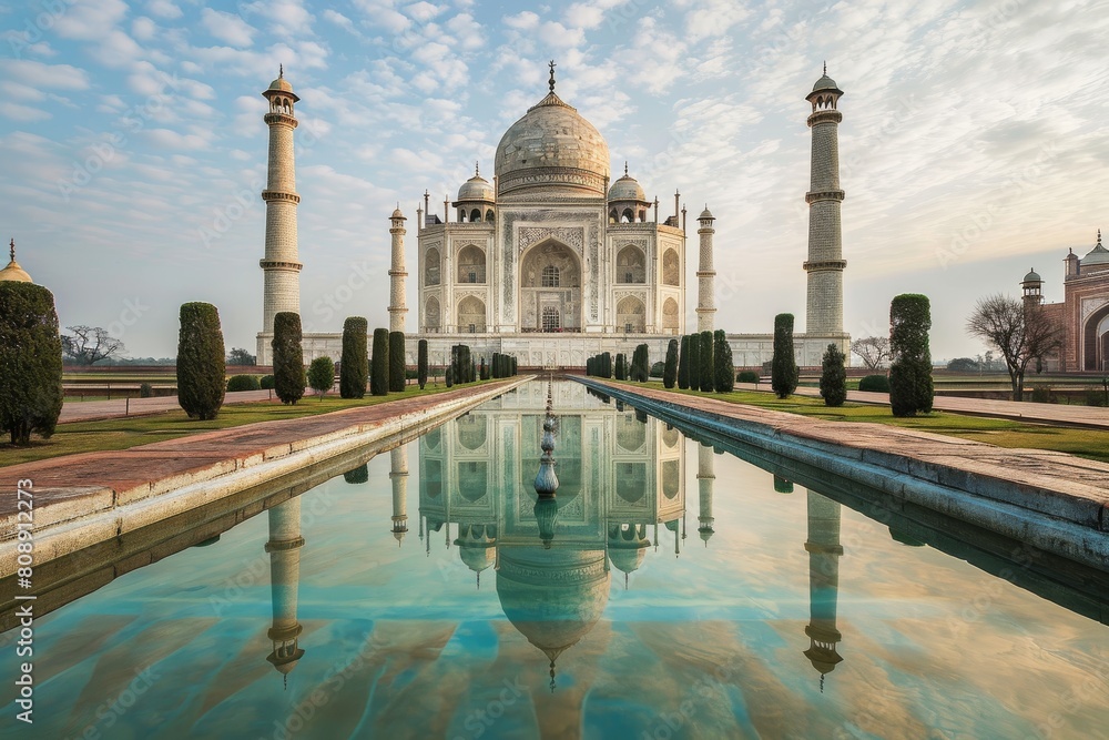 Fototapeta premium The serene Taj Mahal reflected in its pool, Architecture of ancient monument, Ai generated