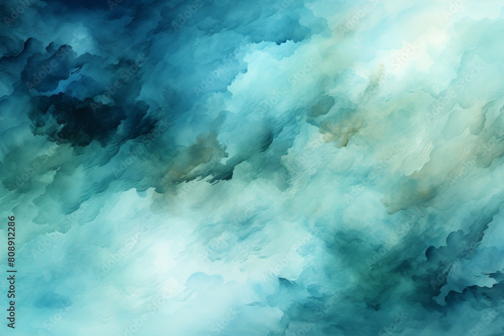 Artistic, abstract digital painting resembling a dreamlike cloudscape in shades of turquoise, blue, and white, perfect for backgrounds, wallpapers, or creative graphic design elements