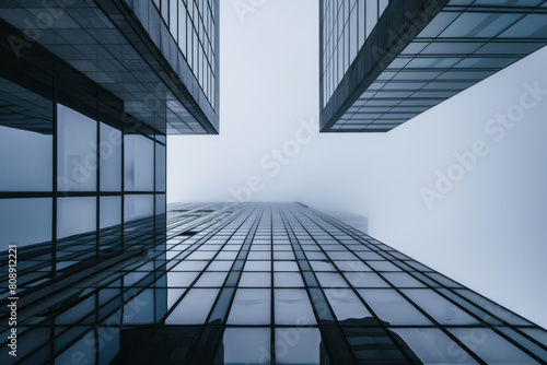 Modern architecture in fog: high-angle view of urban buildings