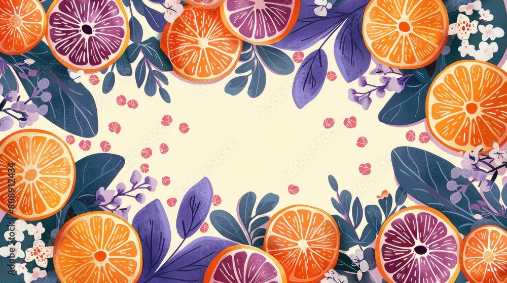 Purple vibrant line with cute hand drawn oranges, green leaves, and small white flowers solid lines. illustration style. Generative AI.