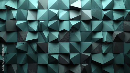 Geometric pattern of teal and black pyramids in a 3D illustration.