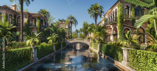 A photorealistic rendering of an elegant Italian style street with a small canal in the middle  palm trees and lush greenery on both sides of the waterway  from a low camera angle perspective view. Th