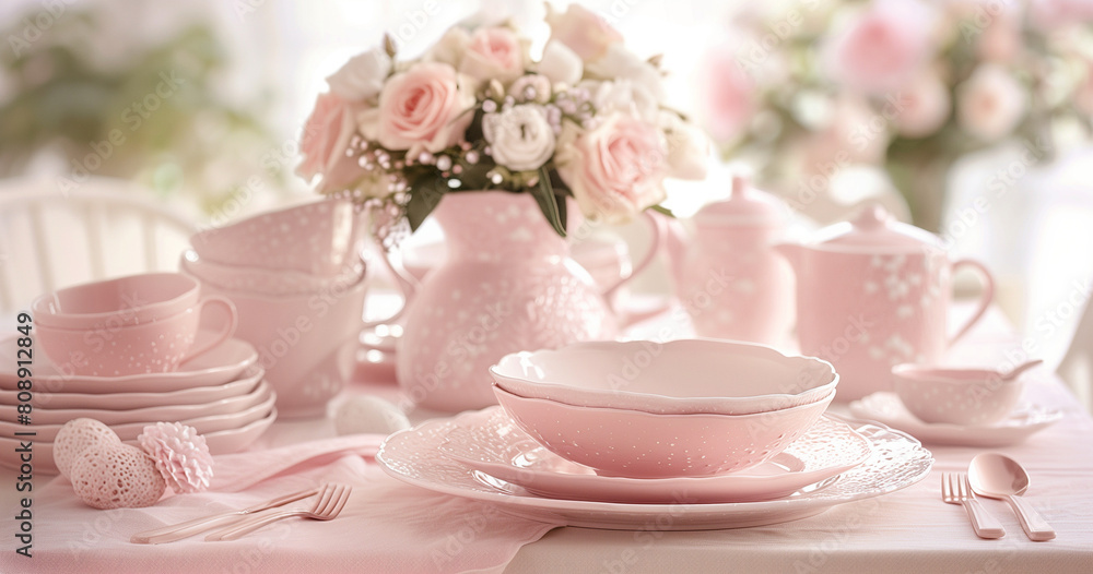 A set of pink tableware with polka dots, adorned with roses and lace decorations, sits on the dining room's light colored tabletop. The soft lighting creates an atmosphere reminiscent of a tea party, A set of pink tableware with polka dots, adorned with roses and lace decorations, sits on the dining room's light colored tabletop. The soft lighting creates an atmosphere reminiscent of a tea party,