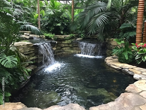 A small waterfall is in a lush green garden. The water is clear and calm. The garden is full of plants and trees  creating a peaceful and serene atmosphere