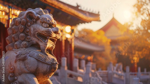 Golden Hour at Chinese Temple with Traditional Stone Lion Statue
 photo