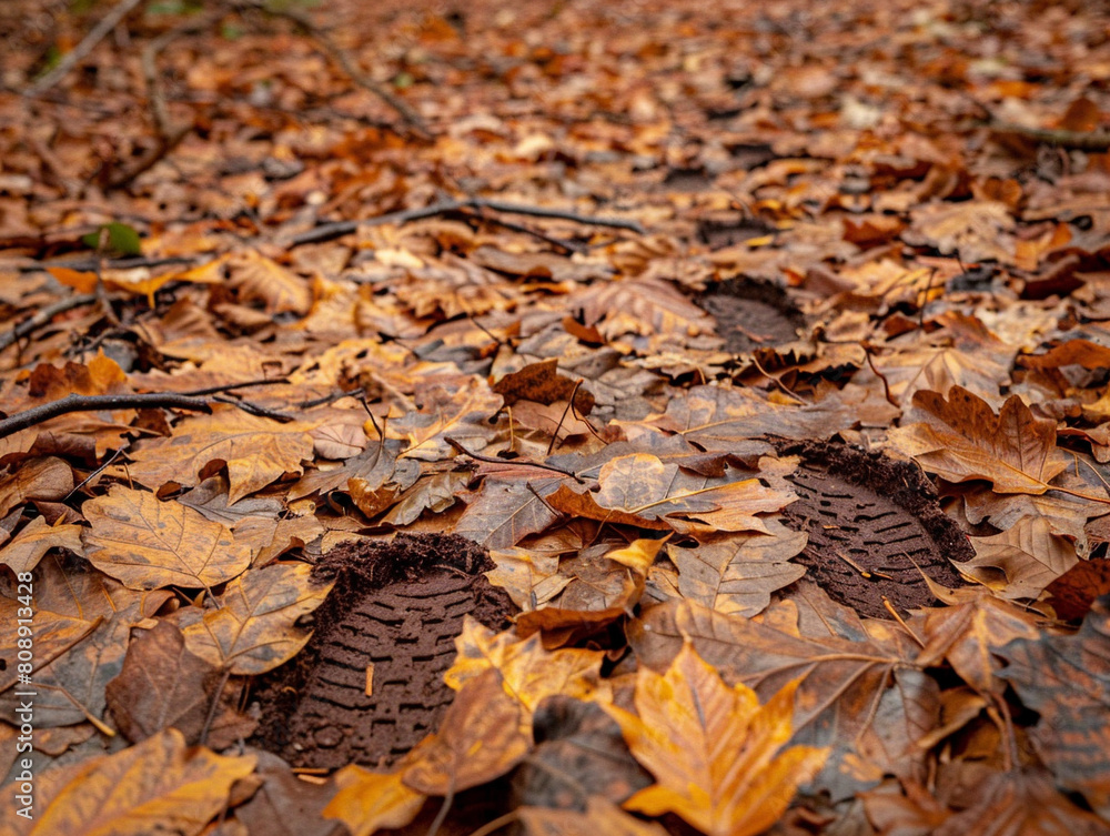 Footprints leading through vibrant autumn leaves, creating a path of natural beauty in the woods.