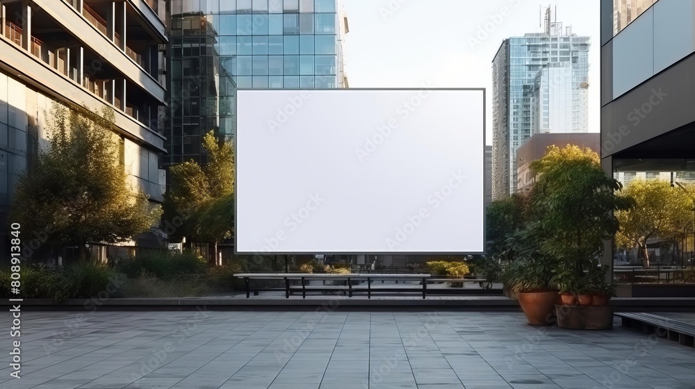 A clean and clear mockup of an empty billboard on the side of a building, offering a prime location for creative advertising campaigns A clean and clear mockup of an empty billboard on the side of a building, offering a prime location for creative advertising campaigns
