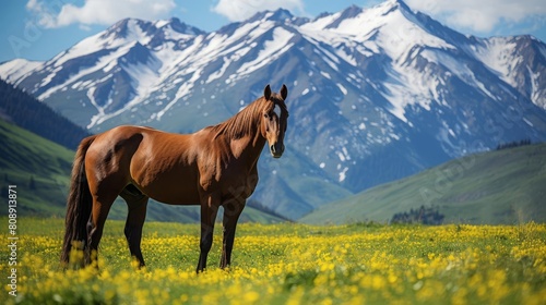 A serene scene with a chestnut horse grazing among yellow wildflowers  mountain peaks rising in the distance  reflecting nature and wildlife harmony