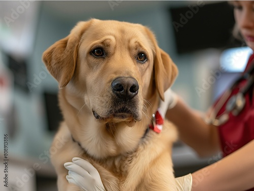 A dog is being groomed by a person wearing a red shirt. The dog has a brown nose and is looking at the camera