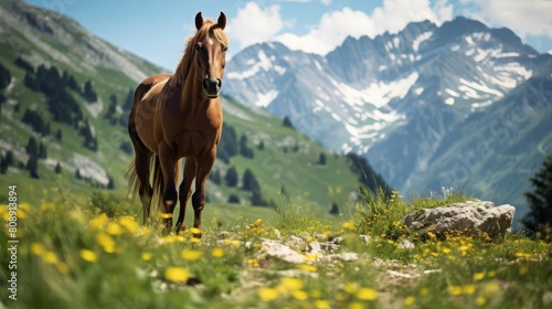 A serene scene with a chestnut horse grazing among yellow wildflowers, mountain peaks rising in the distance, reflecting nature and wildlife harmony