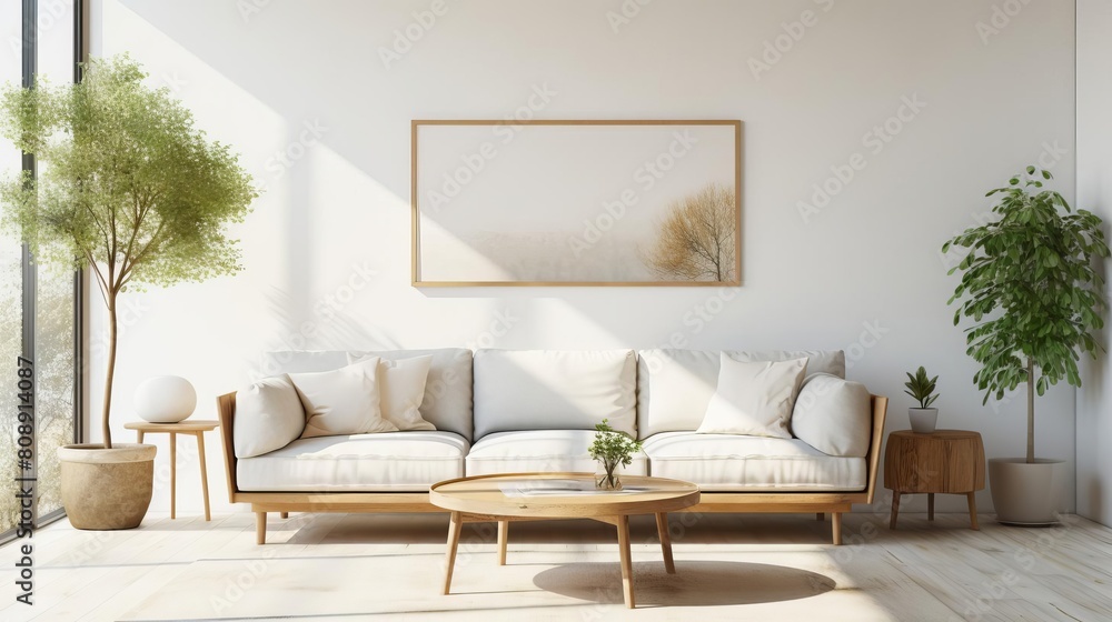Airy living room with modern decor, including a white sofa, a round coffee table, and a blank wall poster in a welllit space Airy living room with modern decor, including a white sofa, a round coffee table, and a blank wall poster in a welllit space