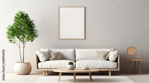 Airy living room with modern decor, including a white sofa, a round coffee table, and a blank wall poster in a welllit space