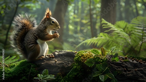 8K wallpaper of a squirrel with an acorn in its paws, perched on a mossy log in a lush, green forest glade
