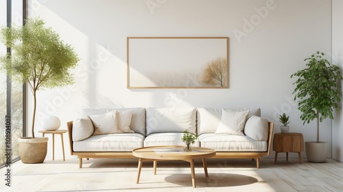 Airy living room with modern decor  including a white sofa  a round coffee table  and a blank wall poster in a welllit space
