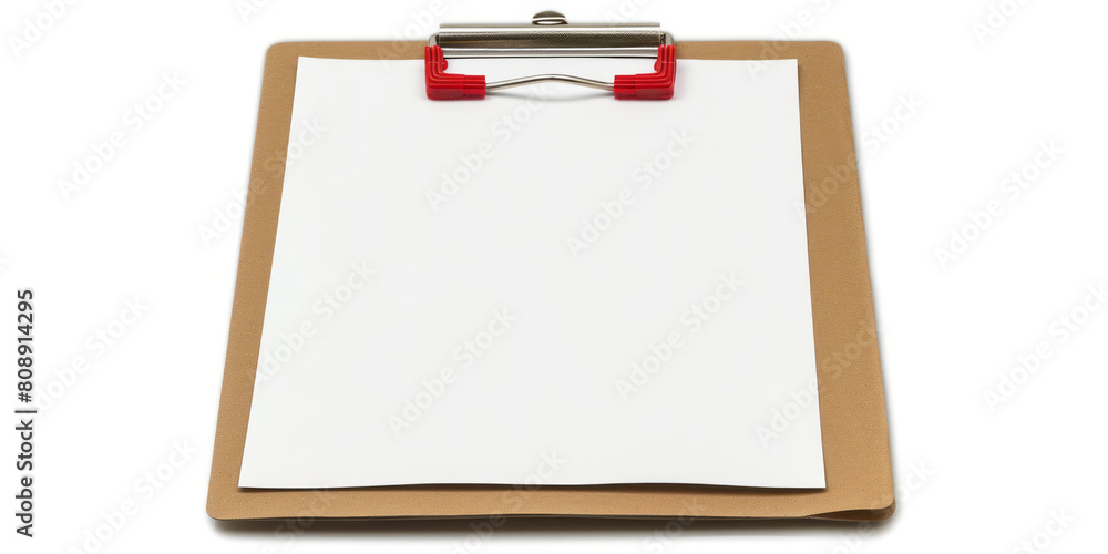 A clipboard with a white paper and a red clip is isolated on a white background, styled in light bronze and brown, with double lines and a transfer. A clipboard with a white paper and a red clip is isolated on a white background, styled in light bronze and brown, with double lines and a transfer.