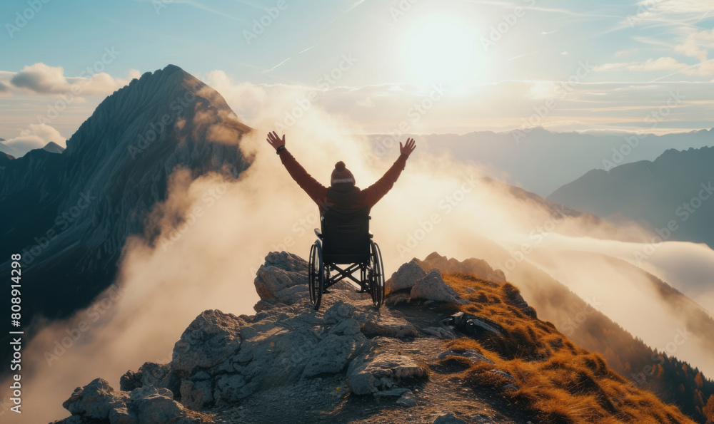 A person in a wheelchair stands at the top of a mountain, hands raised, amidst a soft mist and spectacular backdrops.