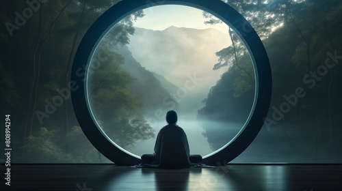 Person meditating looking out circular window.