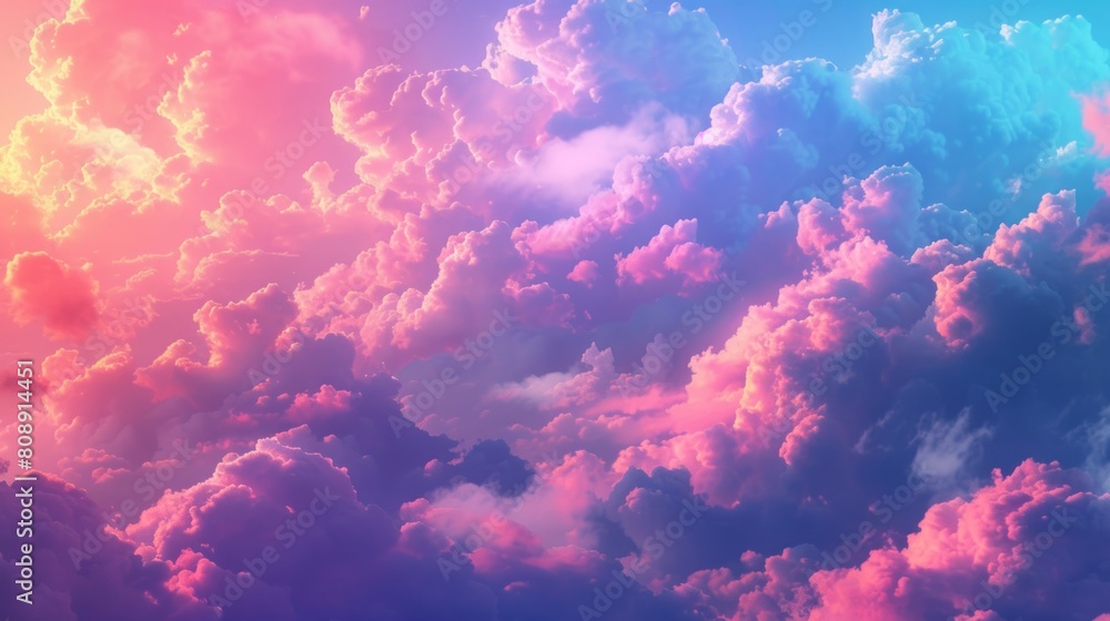 Fototapeta premium The sky is covered with clouds, presented in a neon color style, merging the real and the fantastical.