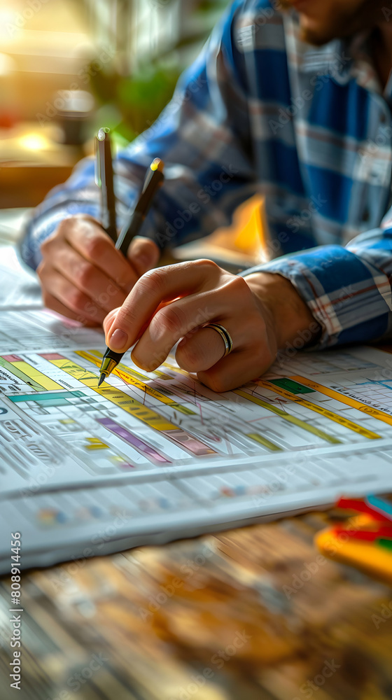 Photo realistic project coordinator updating construction schedule concept: contractor managing construction timeline to keep project on track and within budget Photo realistic project coordinator updating construction schedule concept: contractor managing construction timeline to keep project on track and within budget