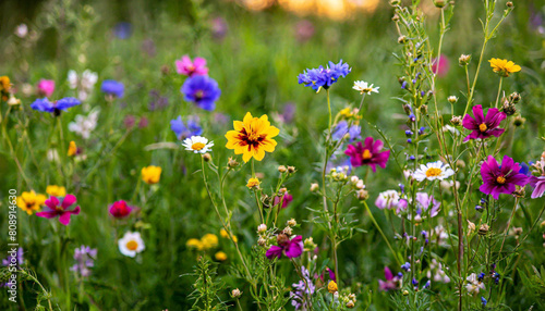 Multi-colored beautiful wildflowers bloom on a green meadow. Warm summer evening. © netsay