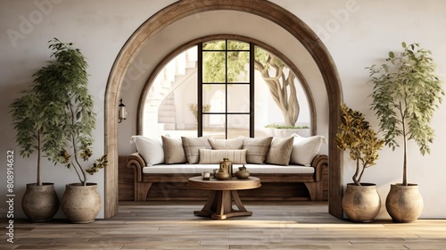 BohoMediterranean styled modern entryway with striking arched walls  blending rustic charm and contemporary design for a captivating home entrance