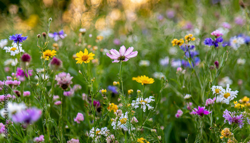 Multi-colored beautiful wildflowers bloom on a green meadow. Warm summer evening.