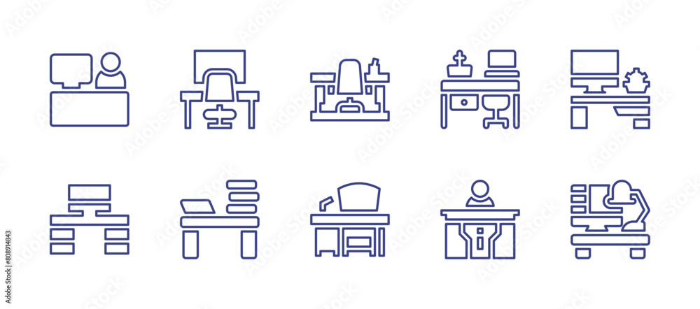 Desk line icon set. Editable stroke. Vector illustration. Containing check in, desk, help, workplace, computer, work table, workspace, office.